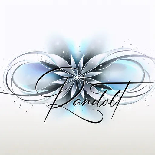 Elegant abstract floral design with script lettering spelling 'Randolt' on a light background.