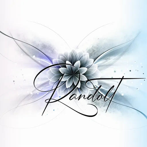 Elegant black flower on white background with "Randolt" script; abstract geometric and blue accents.