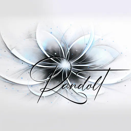 Abstract flower design with elegant script reading "Randotl."