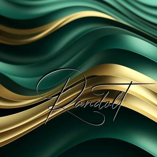 Abstract design with green and gold flowing waves and elegant cursive text in the center.