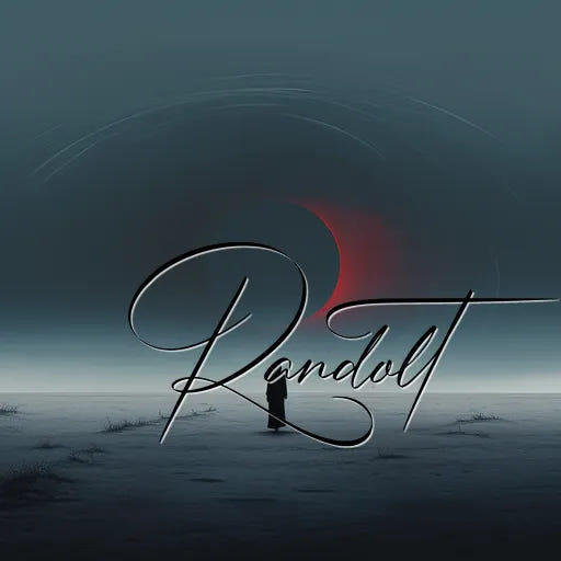 Minimalist landscape with foggy horizon, red crescent moon, dark serene sky, and "Randolt" in cursive text.