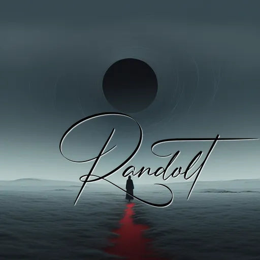 Silhouette walking towards a black circle on horizon, red reflection on water; text "Randolt" in elegant script.