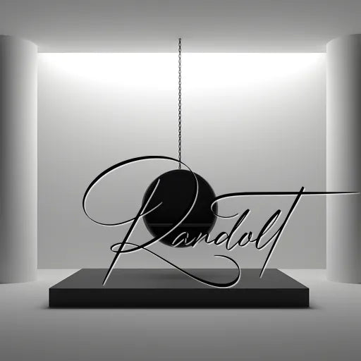 Elegant script typography of 'Randolt' on a sleek black platform in a minimalistic, modern setting.