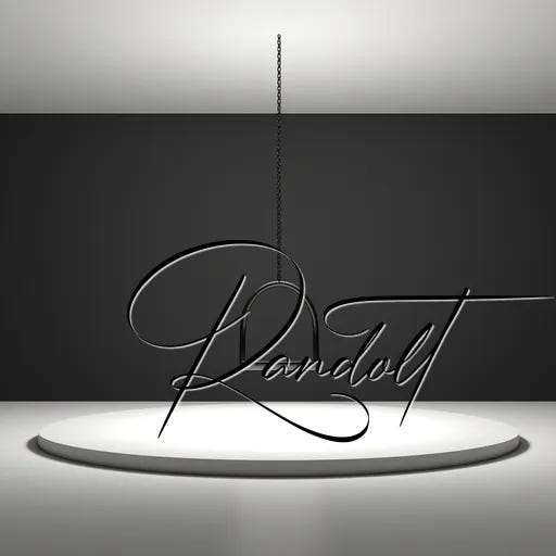 Minimalist design with elegant script text 'Randolf' on a spotlighted circular platform.