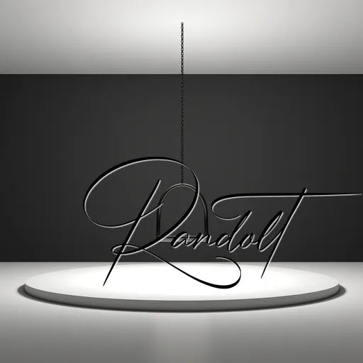 Minimalist design with elegant script text 'Randolf' on a spotlighted circular platform.