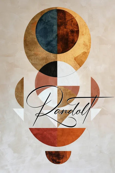 Abstract geometric art with overlapping circles and triangles in earth tones, featuring the word 'Randolf' in italic script.