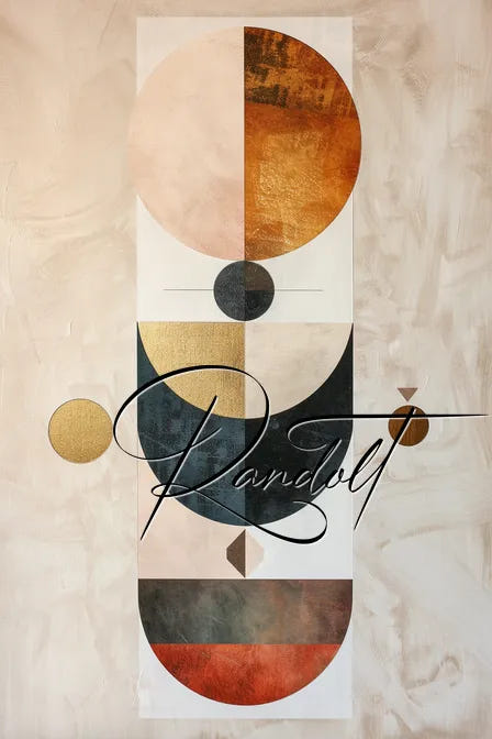 Abstract geometric design with circles and semicircles in earthy tones, overlaid with elegant cursive text.