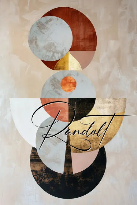 Abstract geometric art with overlapping circles in earth tones and gold, with script writing overlaying the design.