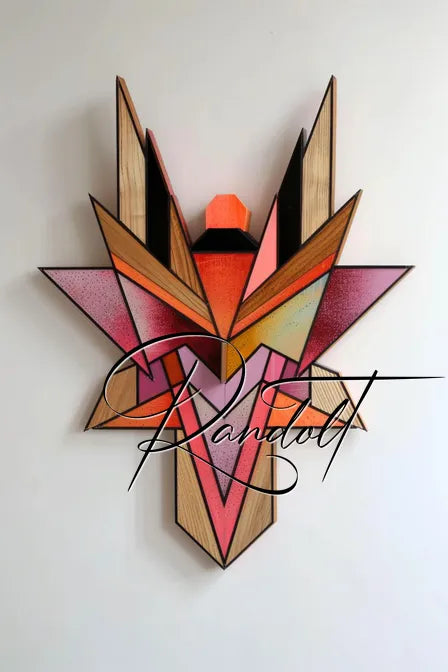 Geometric wooden sculpture with colorful triangular shapes on a white background.