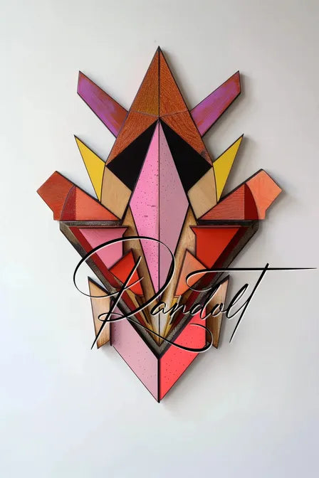 Geometric abstract art with colorful angular shapes and overlapping signature.