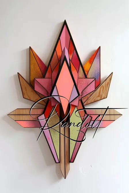 Geometric wooden sculpture with colorful stained sections and the word 'Planeta' overlayed.