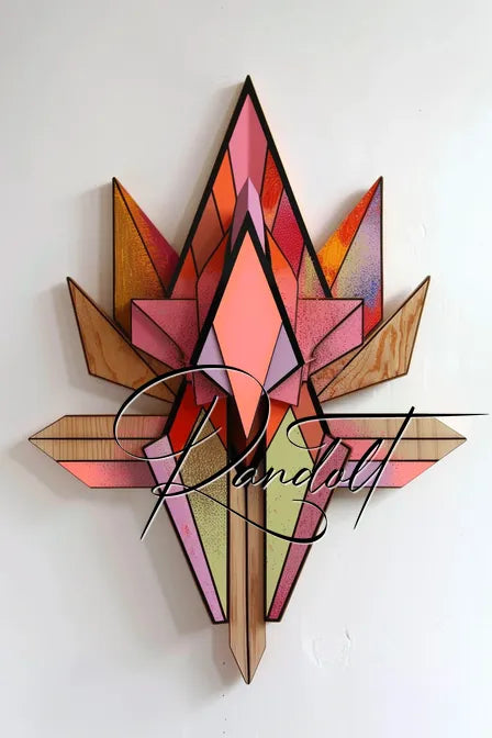 Geometric wooden sculpture with colorful stained sections and the word 'Planeta' overlayed.