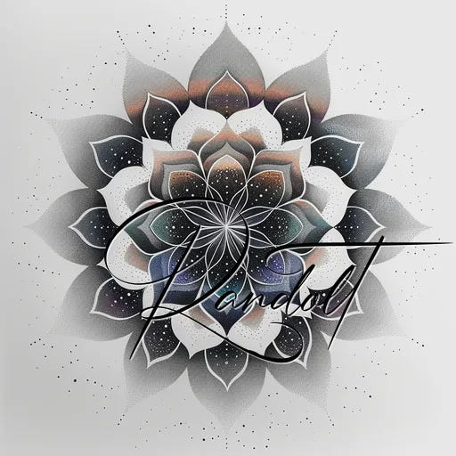 Intricate mandala design with dark gradient petals, white starburst center, and hand-lettered script overlay.