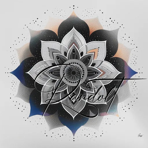 Intricate mandala design with overlapping petals and script text overlay on a white background.