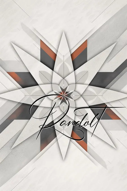 Geometric star-like pattern with overlapping white and orange layers, featuring elegant script text "Randot".