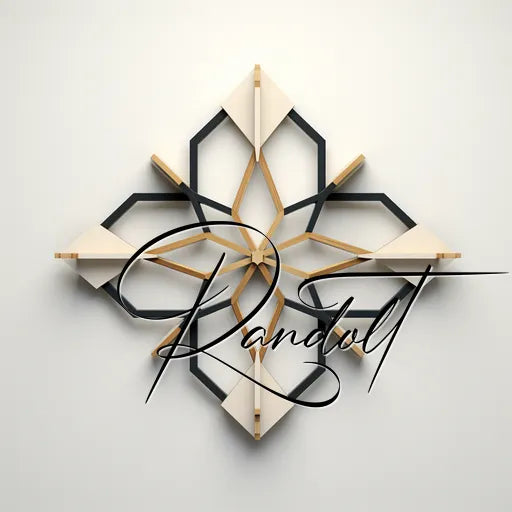 Geometric wall art with wooden and metallic elements, overlaid with elegant script text.