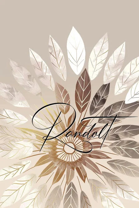 Stylized flower with layered leaves in neutral tones and cursive text overlay on a beige background.