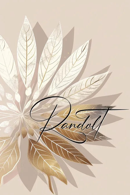 Elegant floral design with gold and silver leaves on a beige background, featuring cursive text "Randolt."