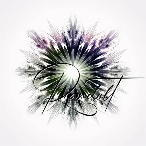 Artistic radial burst design with "Randwt" in cursive, featuring a blend of black, white, and purple shades.