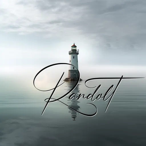 Solitary lighthouse on calm water under a cloudy sky, with elegant script reading 'Randolt' across the image.