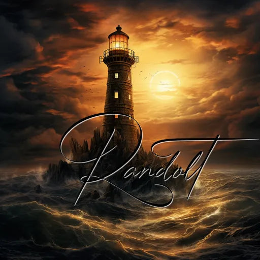 Lighthouse amidst stormy sea with dramatic sunset and "Rando" text overlay.