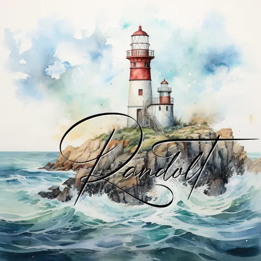 Watercolor painting of a lighthouse on rocky shore with waves, and elegant script text overlay.