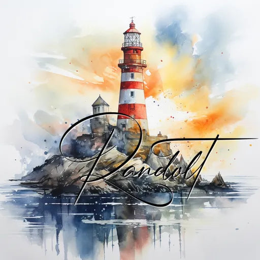 Watercolor painting of a lighthouse on rocks with a vibrant sunset, and elegant cursive text overlaying the scene.