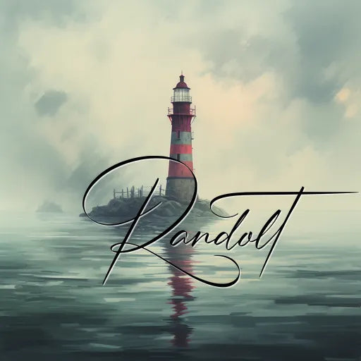 Red and white lighthouse on a rocky island surrounded by misty waters with "Randoit" text overlay.