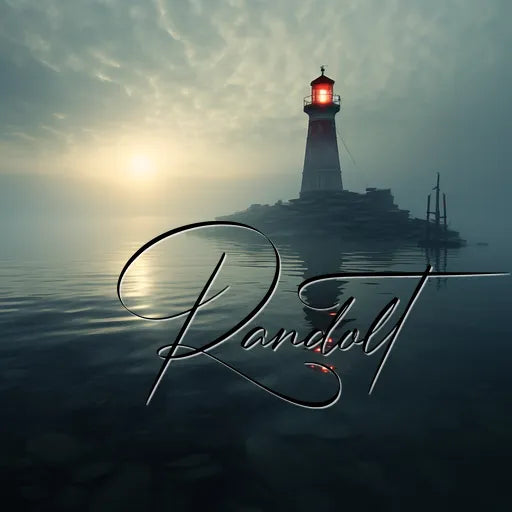 Lighthouse at sunset with a glowing red light, surrounded by calm waters and a distant fog.