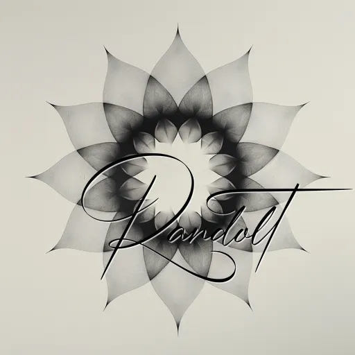 Monochrome geometric flower design with cursive text overlay.