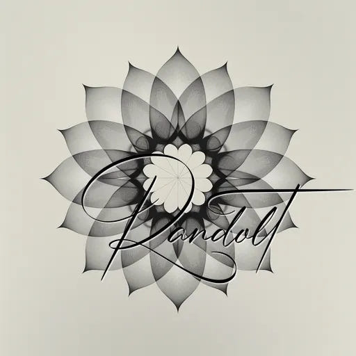 Black and white geometric flower design with elegant script handwriting overlay.