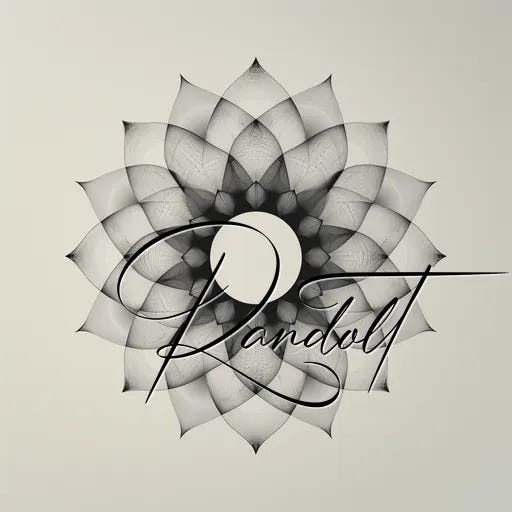 Geometric flower design with black petals and elegant cursive text "Randolt" overlaying a crescent shape in the center.