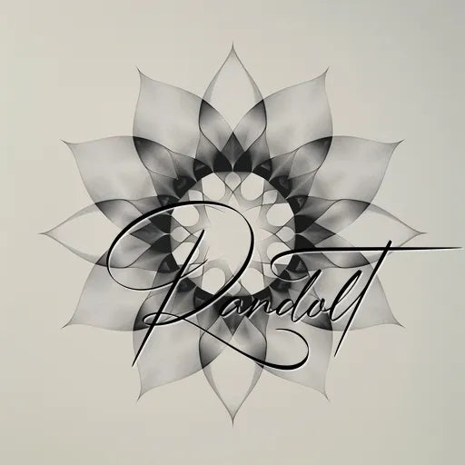 Abstract geometric mandala with overlapping translucent shapes and cursive lettering 'Randolt' across it.