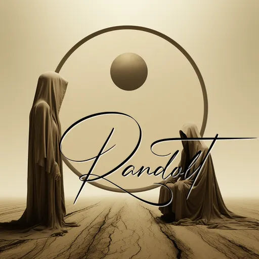 Two hooded figures in a desert with a circular symbol in the background, artistic design with text overlay 'Randolt'.