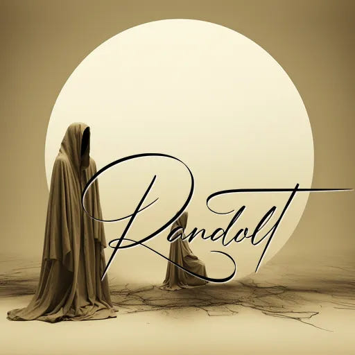 Mystical cloaked figures before a large glowing moon with elegant script text overlay."