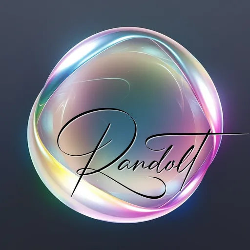 Colorful glass sphere with a cursive 'Randolt' on a dark background.