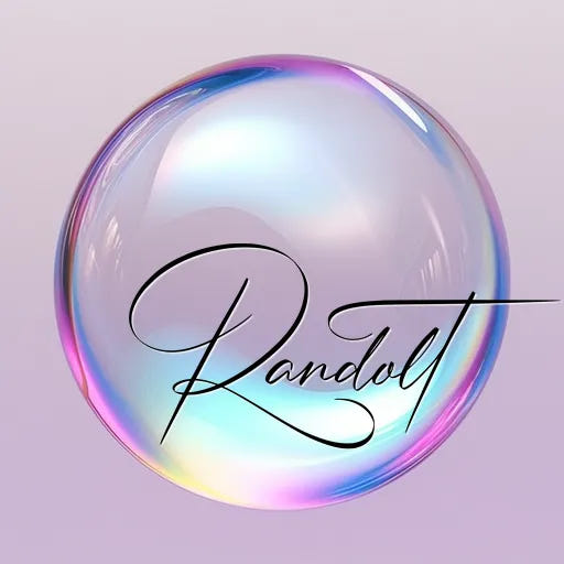 Iridescent bubble with script text 'Randolt' on a pastel background.