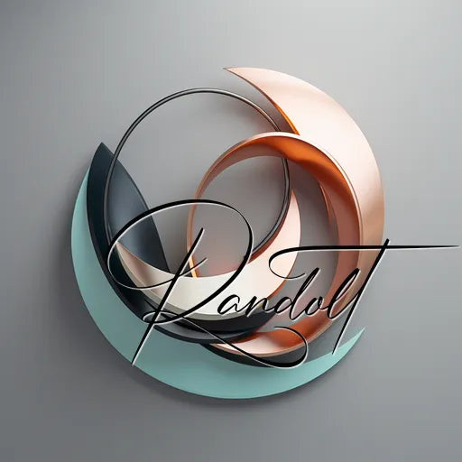 Abstract 3D logo with circular metallic swirls in bronze and teal, featuring elegant script text overlay.