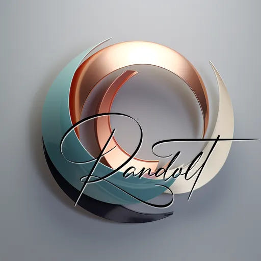 Abstract circular sculpture with overlapping rings in teal, copper, and cream, featuring "Randolt" in cursive script.