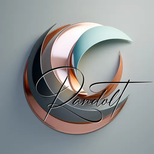 Colorful crescent shapes with stylish cursive text "Randolt" overlaying them on a gray background.