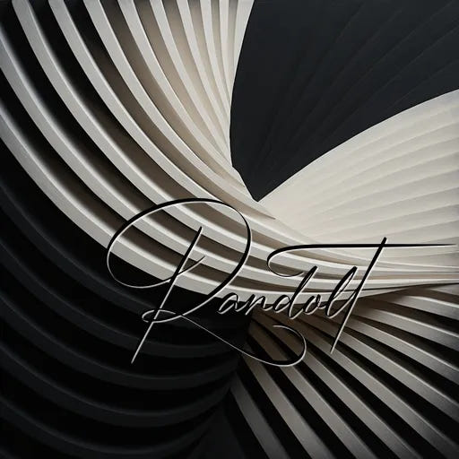 Abstract black and white spiral pattern with elegant cursive script across the center.