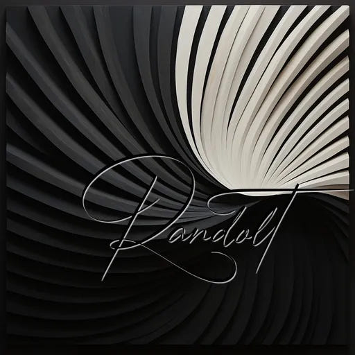 Abstract artwork with black and white layered patterns resembling waves or petals.