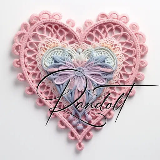 Intricate pastel pink lace heart with crochet details, centered on a white background, featuring elegant script.