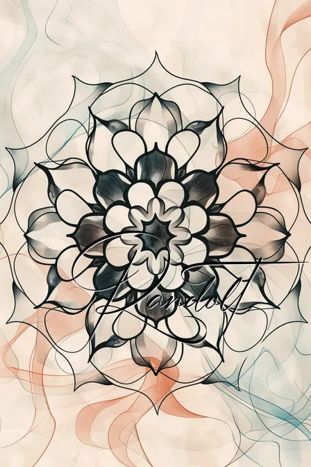 Mandala-like floral design with intricate black lines on a soft gradient background.