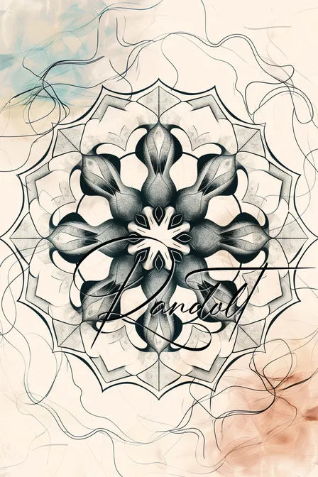 Intricate floral mandala with abstract black and white design, featuring soft watercolor accents in corners.