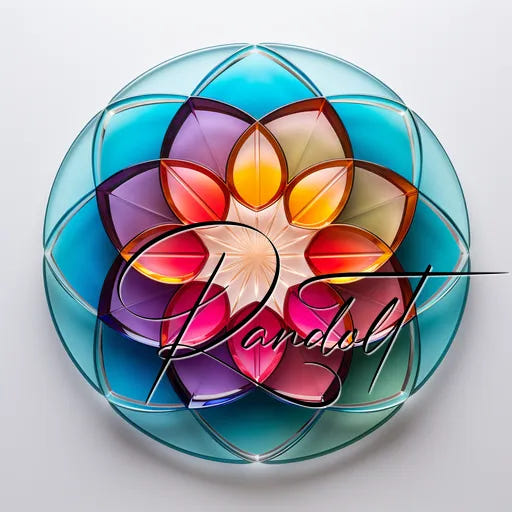 Geometric kaleidoscope design with colorful overlapping petals and the word 'Randor' overlayed.