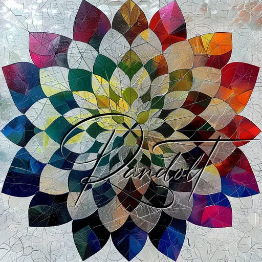 Colorful geometric flower pattern with overlapping petal shapes and a cursive signature overlay.