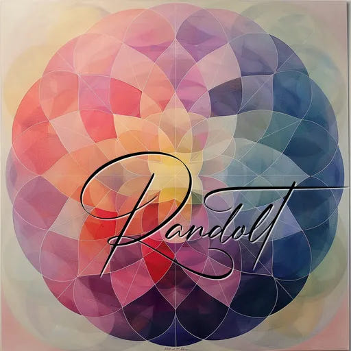 Abstract geometric painting with overlapping circles in pink, purple, and blue hues, labeled "Randolt."