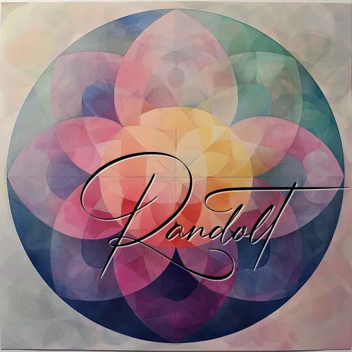 Colorful geometric mandala with overlapping circles and floral pattern, featuring the name 'Randolt' in elegant script.