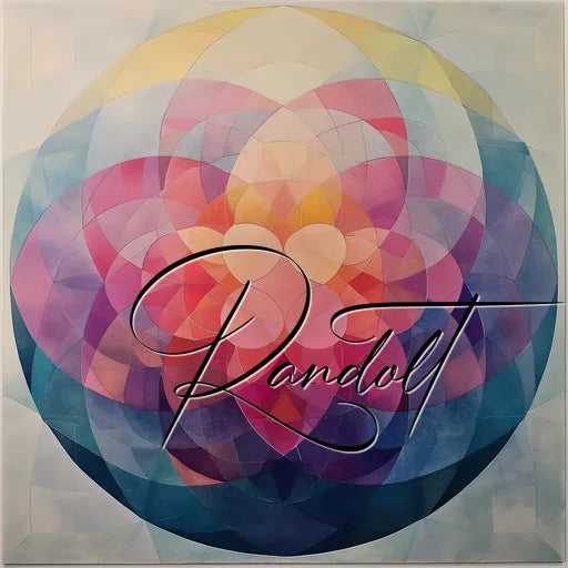 Abstract geometric art with overlapping circles in blue, pink, and yellow tones, featuring the word 'Randoll' across it.